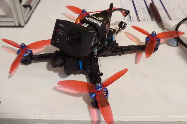 Custom FPV drone with an action camera mounted on the front