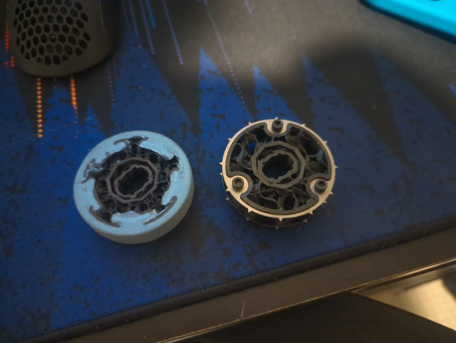 A TPU / cast urethane wheel (left) for metal floors, and a cleated wheel (right) for wood floors