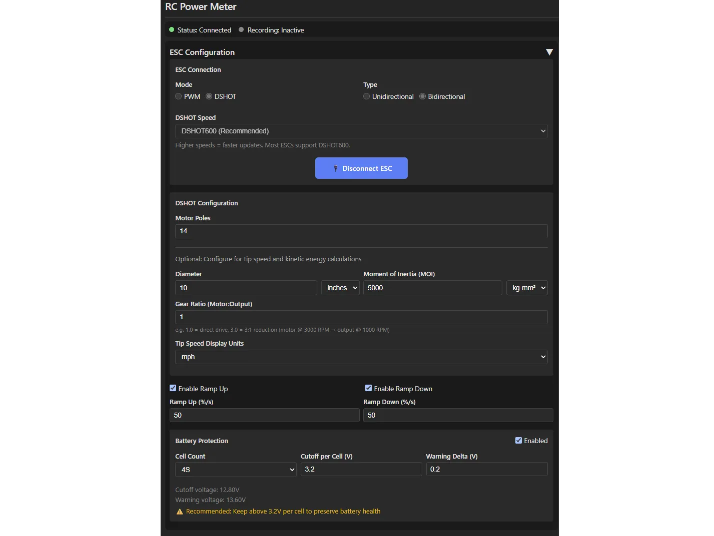 The web app also allows for configuring the ESC and control settings